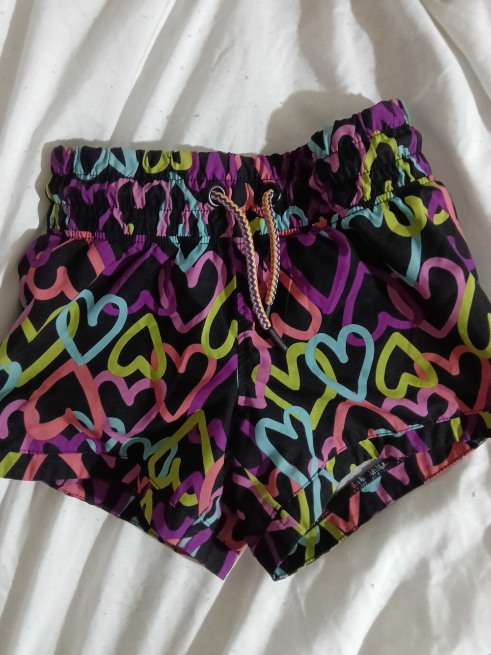 Black Heart-Print Athletic Shorts with Multicolor Hearts